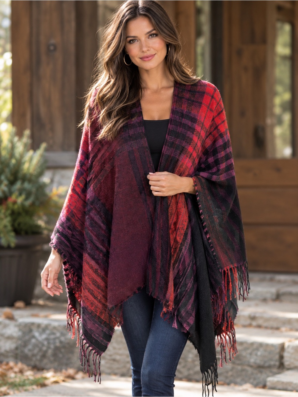 Lucky Brand Plaid Fringe Wrap One Size NWT Burgundy Red Black